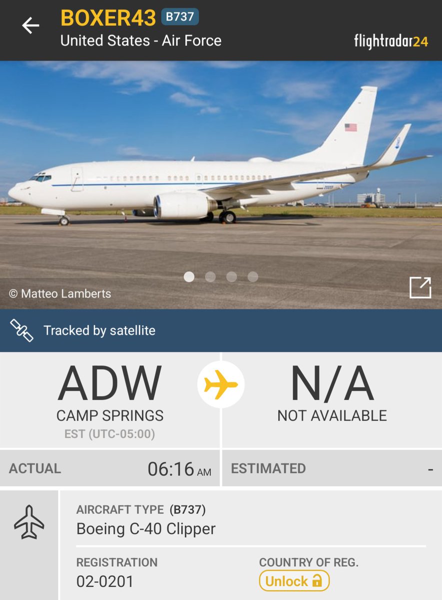 OSINTMilTracker's tweet image. 🇺🇲✈️ #USAF, BOXER43, B737, Boeing C-40 Clipper ( &quot;Clipper&quot; normally used by the U.S. Navy) departed from Camp Springs (#ADW) towards the Eastern Atlantic with the REG 02-0201. 

-fr24.com/BOXER43/3d23a6…