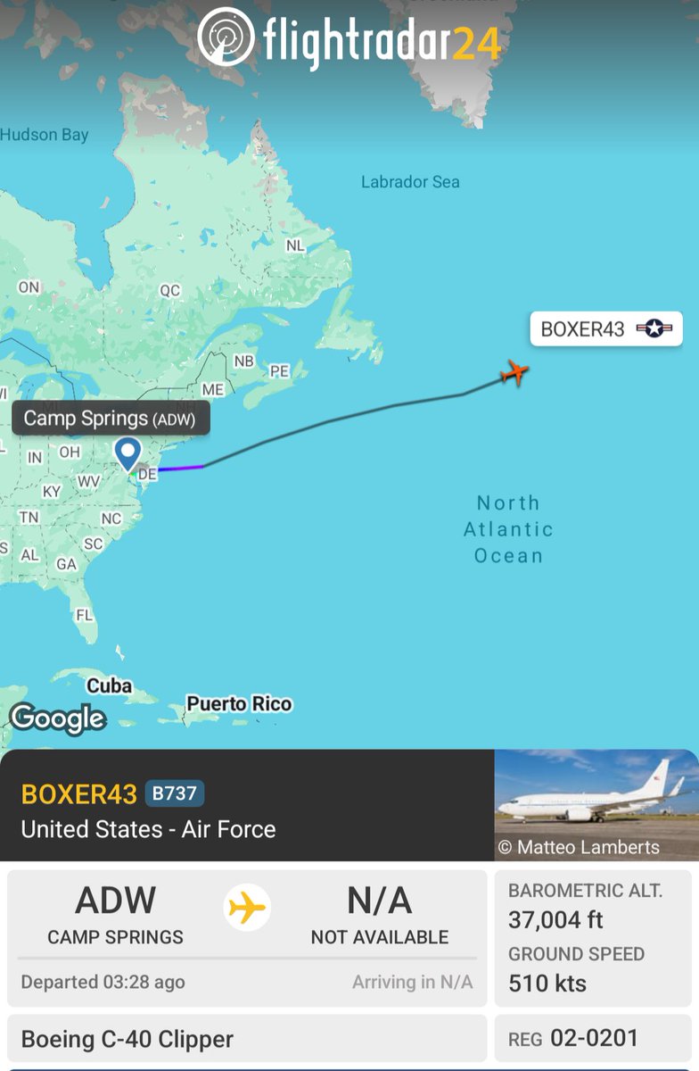 OSINTMilTracker's tweet image. 🇺🇲✈️ #USAF, BOXER43, B737, Boeing C-40 Clipper ( &quot;Clipper&quot; normally used by the U.S. Navy) departed from Camp Springs (#ADW) towards the Eastern Atlantic with the REG 02-0201. 

-fr24.com/BOXER43/3d23a6…