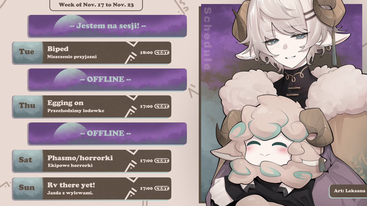 Harmonogram 17.11 - 23.11
W tym tygodniu sporo ekipowego grania i dalsze przygody jajowania w Egging on (w końcu wyjdę z tej lodówki, obiecuję). Godziny mogą jeszcze ulec zmianie, będę aktualizował na bieżąco! 🐏