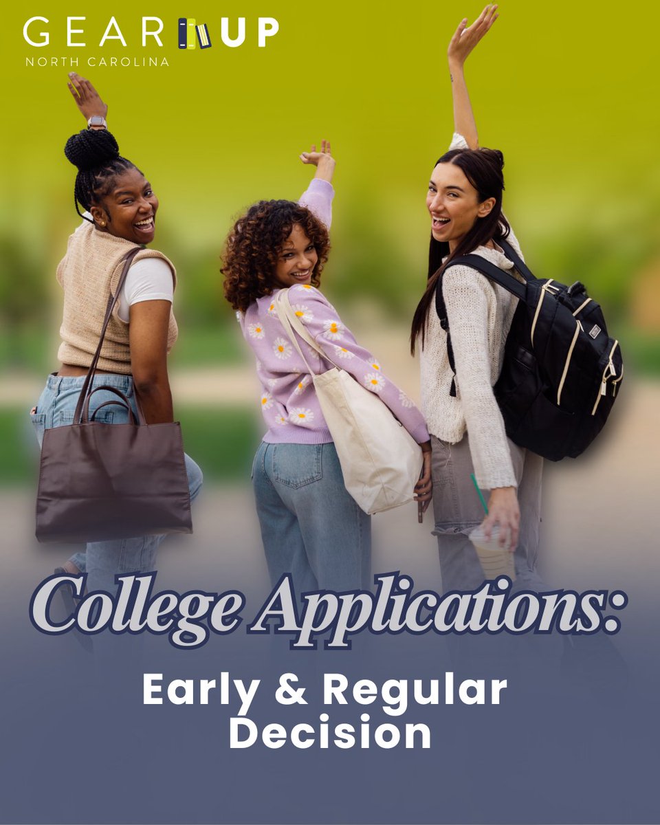 GEARUPNC's tweet image. 🎓 Know the difference!

Early Decision = Binding — a full commitment to your top choice.

Regular Decision = Flexible — apply to multiple schools &amp;amp; decide later.

Apply wisely! Check our bio for a link to NC application deadlines!

#GEARUPNC #CollegeBound #ApplicationTips