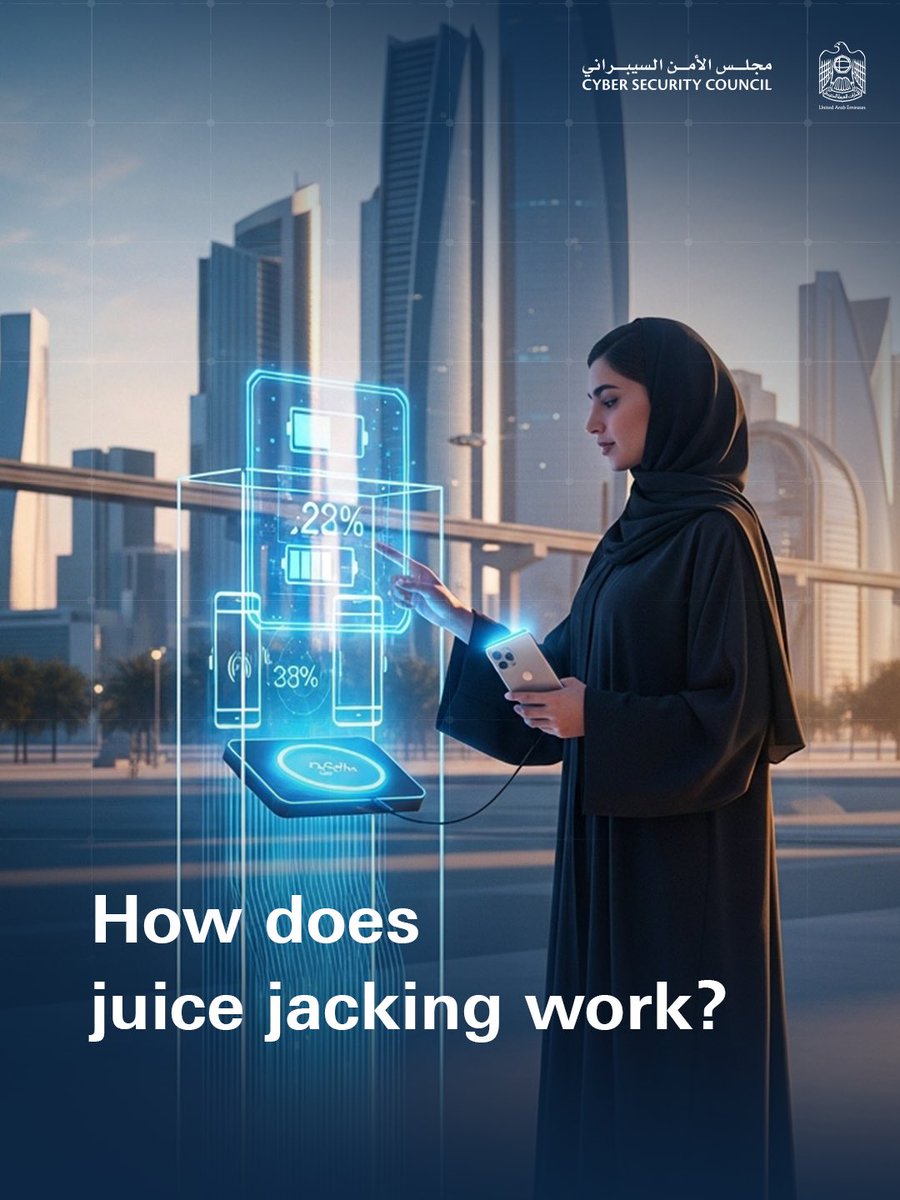 cscgovae's tweet image. Ever wondered how juice jacking really works?
It’s when hackers compromise public USB charging ports with hidden skimming devices that can steal your data or install malware the moment you plug in.
Stay alert when you charge.
#CyberSecurityCouncil #CyberPulse #StayAlert…