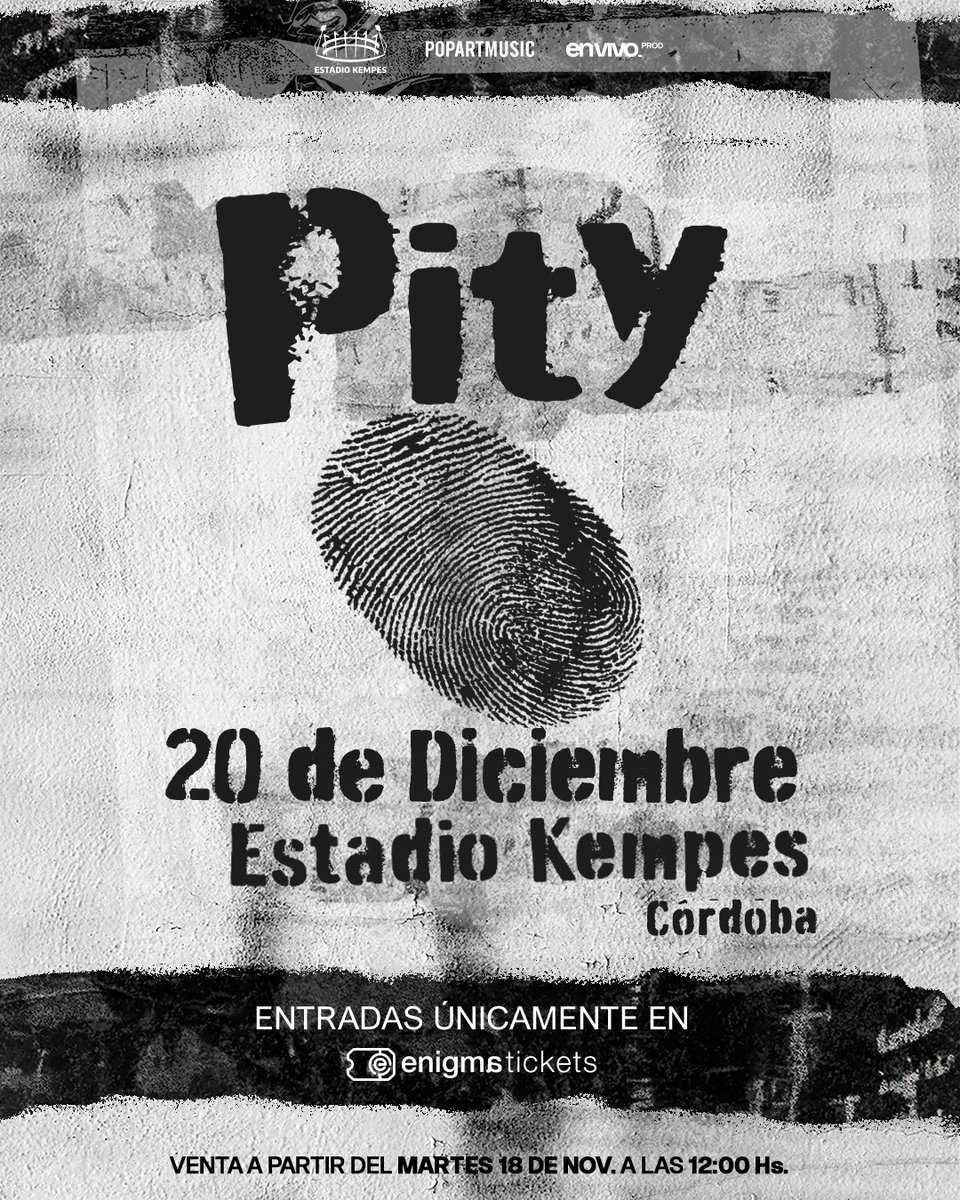 envivonet's tweet image. ¡PITY ÁLVAREZ EN CÓRDOBA!

Pity elige Córdoba para volver a los escenarios 🤟🏻 Nos vemos el 20 de diciembre en el Estadio Kempes
para una fecha ÚNICA  🏟️

🎫 Entradas martes 18/11 12hs en enigmatickets.com  (único sitio oficial de venta)
💳 3 ctas sin interés @naranjax