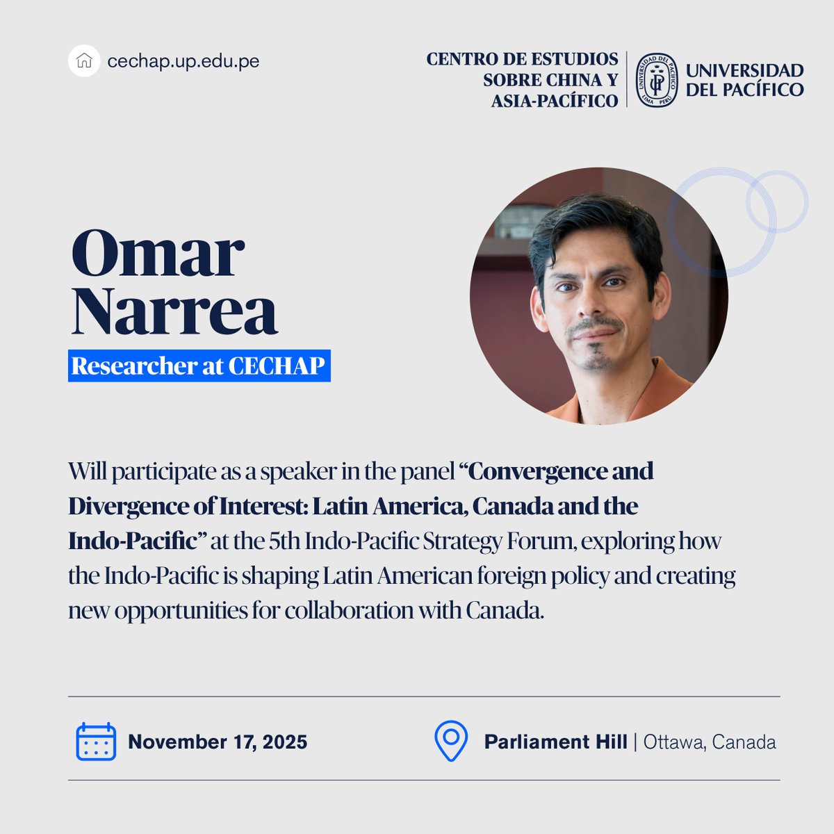 Cechap_Up's tweet image. 🌏 Omar Narrea (@utopiamaking ) , @CECHAP researcher, will speak at the 5th Indo-Pacific Strategy Forum.

They&apos;ll explore how the Indo-Pacific is shaping Latin America&apos;s foreign policy &amp;amp; opportunities for collaboration with Canada.

Learn more 👉bit.ly/3XscaEY
#IPSF2025