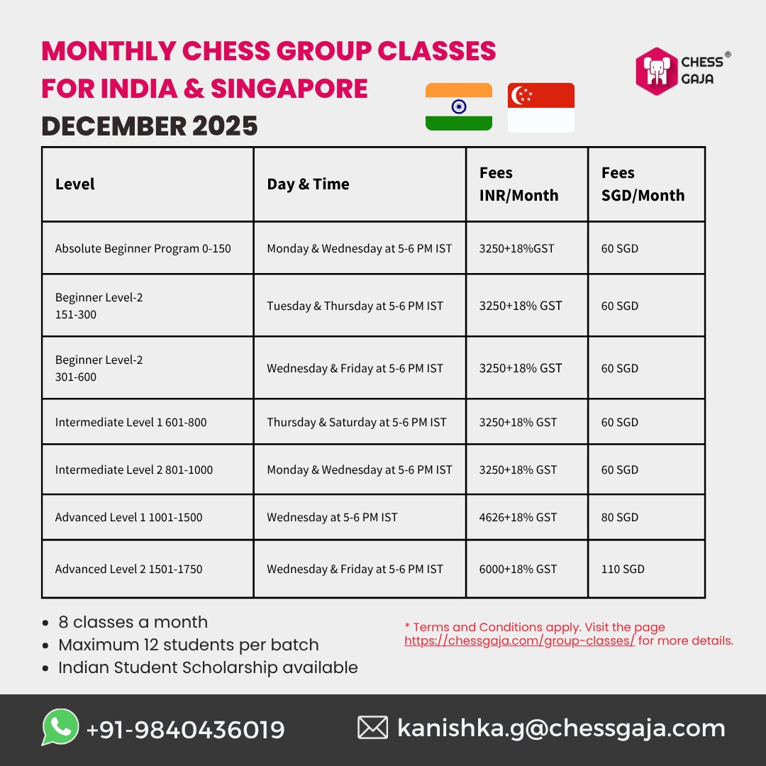 ChessGaja's tweet image. 🔥December 2025 ENROLLMENT OPEN! ♟️Monthly Chess Group Classes for India &amp;amp; Singapore 
Starting ₹3250/month | 60 SGD/month
Ready to level up? 📈
📱 +91-9840436019
🌐 zurl.co/8ylDy
Your chess journey begins NOW! 🚀
#OnlineChess #ChessClasses #India #Singapore