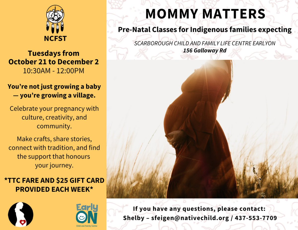 Mommy Matters is a series of pre-natal classes being offered at our SCFLC (156 Galloway Road) location, for Indigenous (FNIM) families who are expecting. You're not just growing a baby, you're growing a village!

@scflc_house_of_giizhik