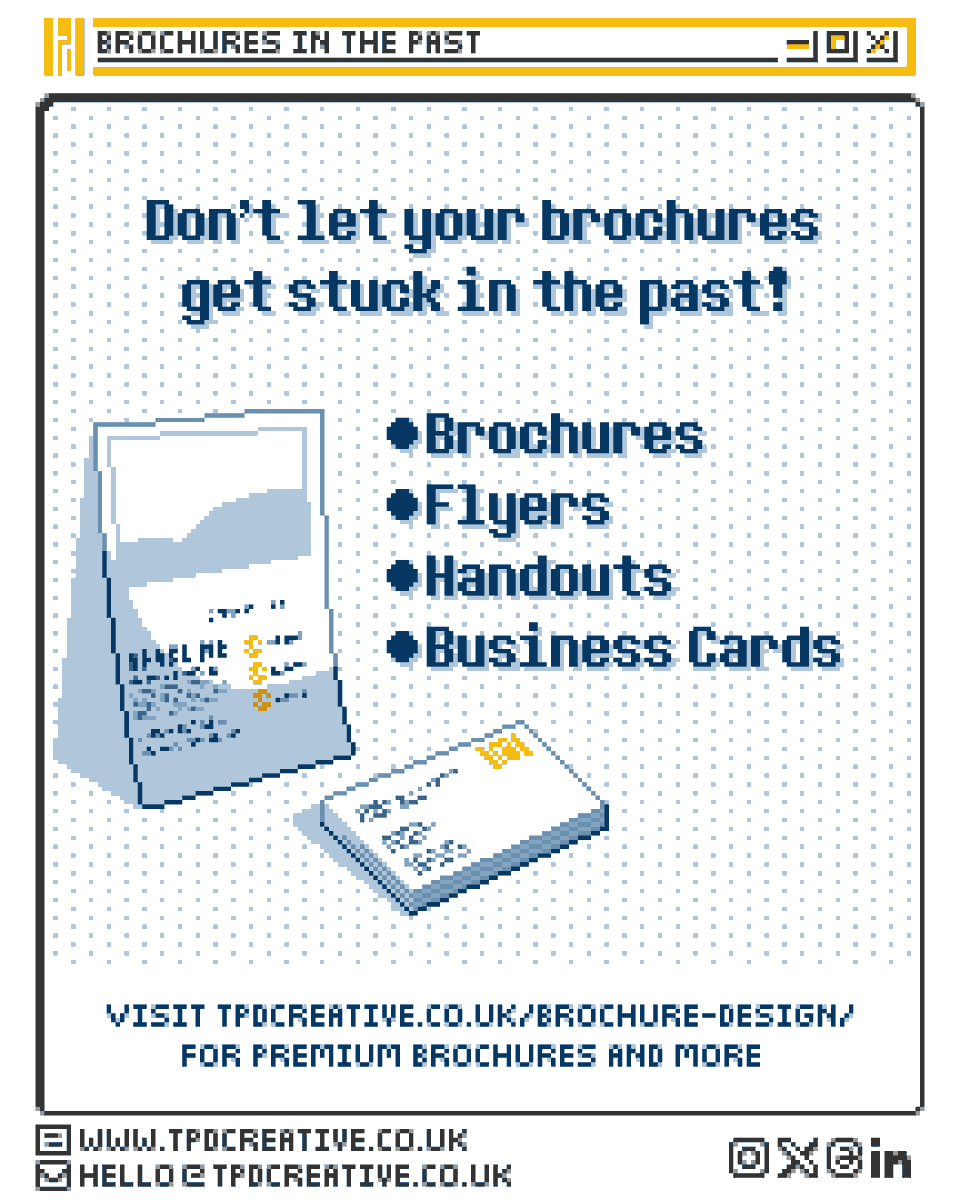 TPD_Creative's tweet photo. Don’t let your brochures get stuck in the past.

Brochures, flyers, handouts, business cards all age faster than you think.

If you want yours to feel current, clear and credible, we can help:

https://t.co/4UsBZ2AvLc

[DON'T LET YOUR MARKETING GET STUCK IN THE PAST]

💾 https://t.co/fBzIzVIYLt