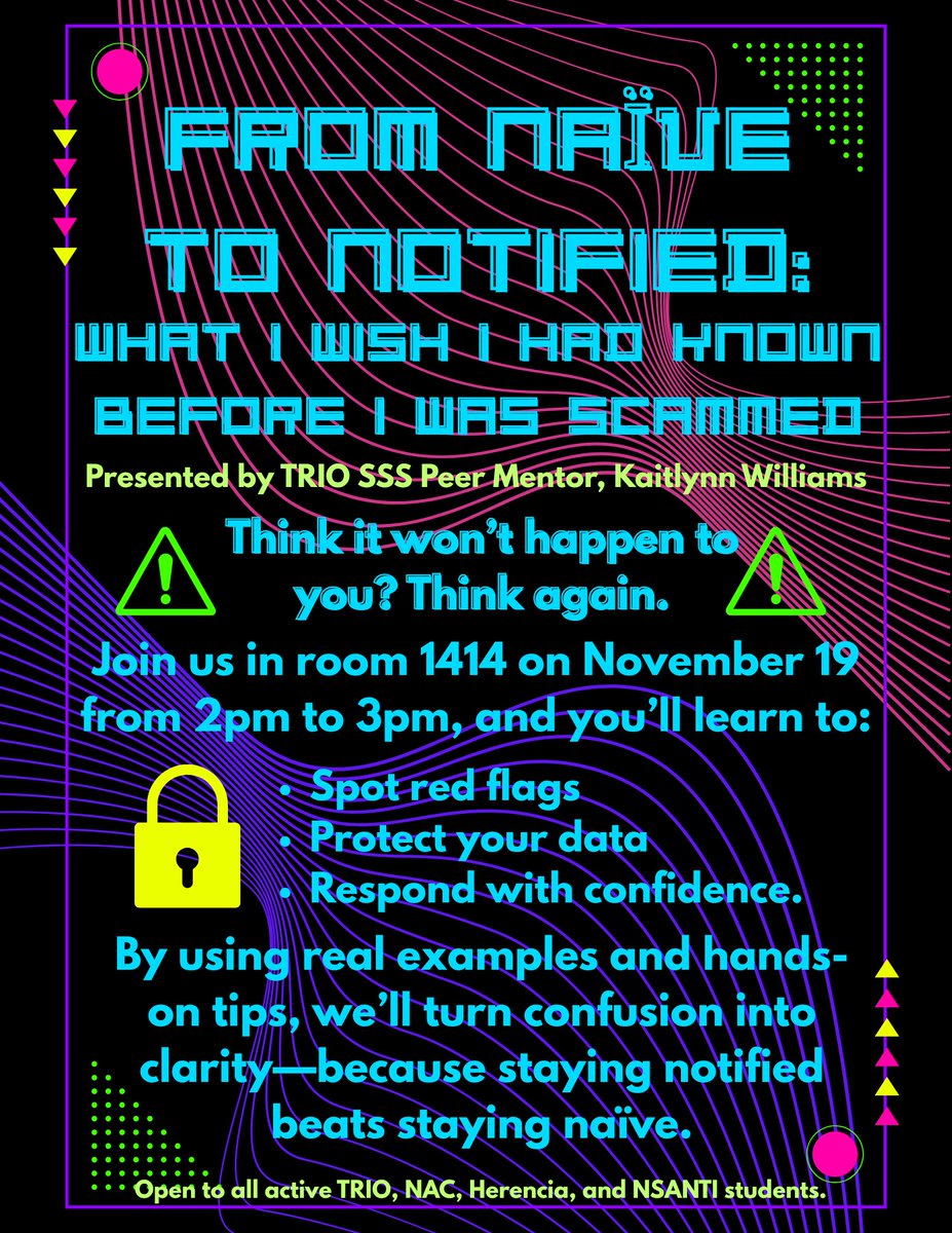 SanJuanCollege's tweet image. Grow your skills, boost your confidence, and connect with opportunity through TRIO workshops and events at San Juan College. Each session is designed to help you learn, lead, and thrive on your path to success!