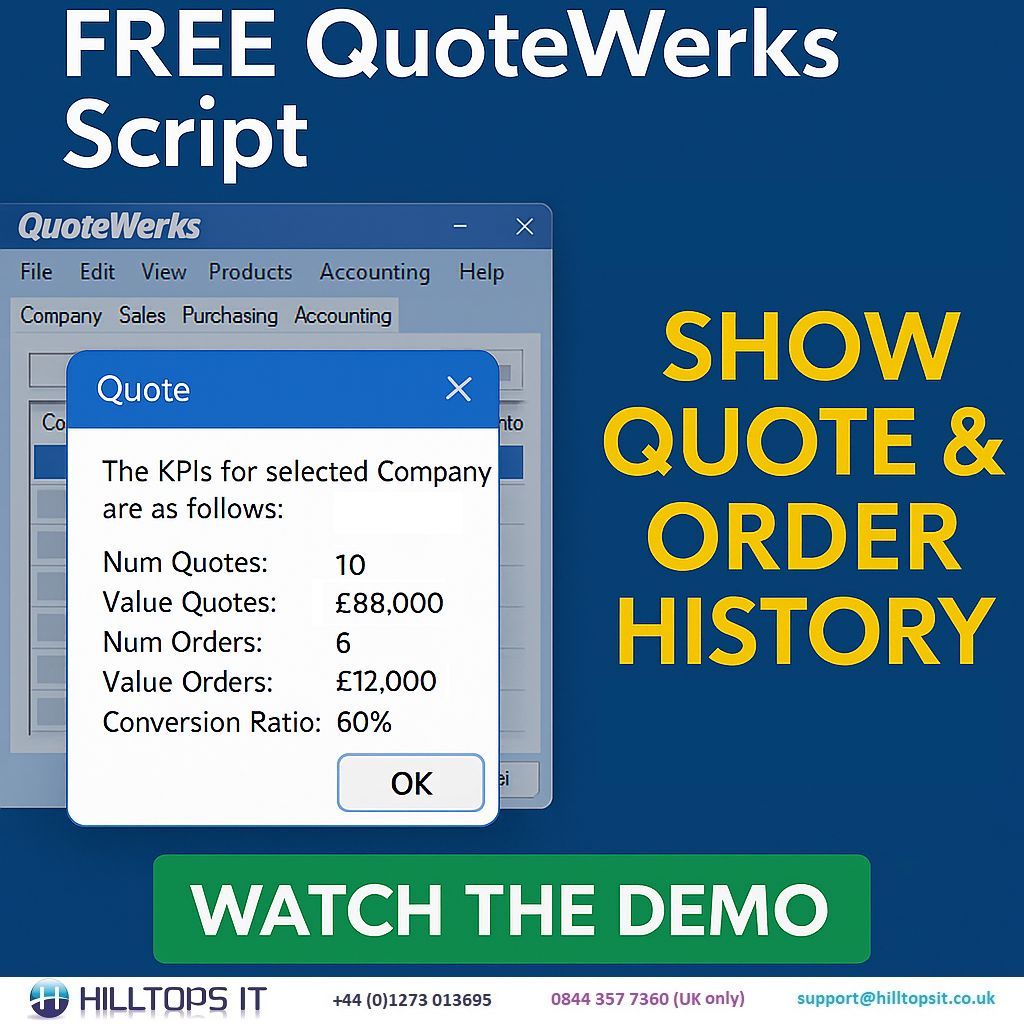 HilltopsIT's tweet photo. 🎉 Free QuoteWerks script alert!

Pop-up Quote &amp; Order history for selected Contacts, easy to implement, free to use.

📽️ Watch the walkthrough: https://t.co/hAQakFnFC8

#QuoteWerks #HilltopsIT #FreeTools #SalesTools  #SalesAutomation #FreeScript #HilltopsIT https://t.co/C9pztlkZMx