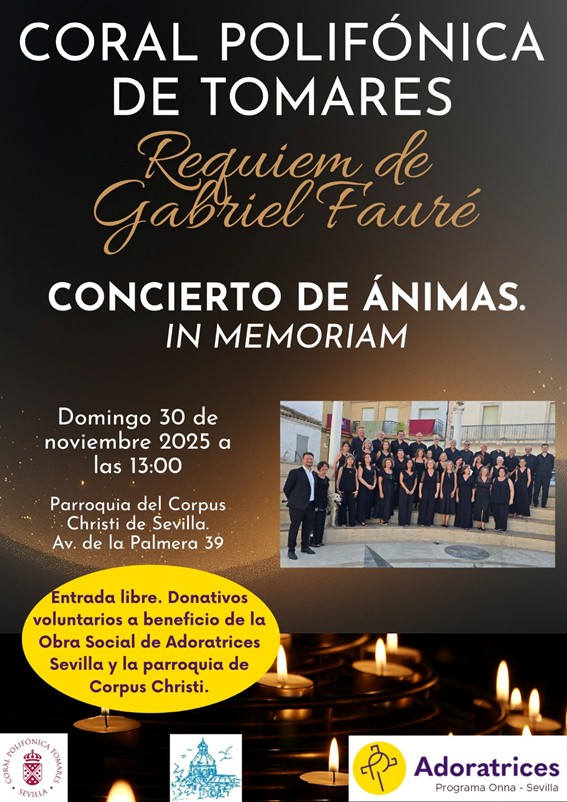 El próximo domingo 30 de noviembre a las 13:00 horas, tendremos en nuestra Parroquia un concierto de Ánimas interpretado por la Coral Polifónica de Tomares que se realizará en beneficio de la Fundación Onna.
Por este motivo se suspenderá la misa de las 13:00 hrs. de ese día.