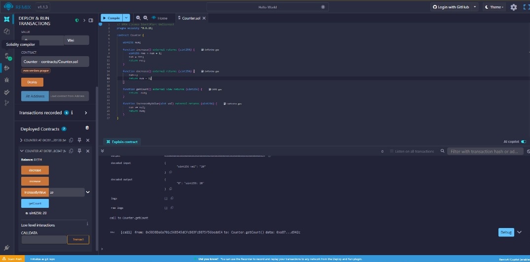 Dev_Rodiyat's tweet image. Yayy !!!🎉💃
After multiple weeks of reading documentations, understanding EIPs, presentations and so on, I finally wrote a smart contract today on @remix and it felt really good. Wrote a counter contract with increment and decrement functions. Small but was a great eye-opener 💛