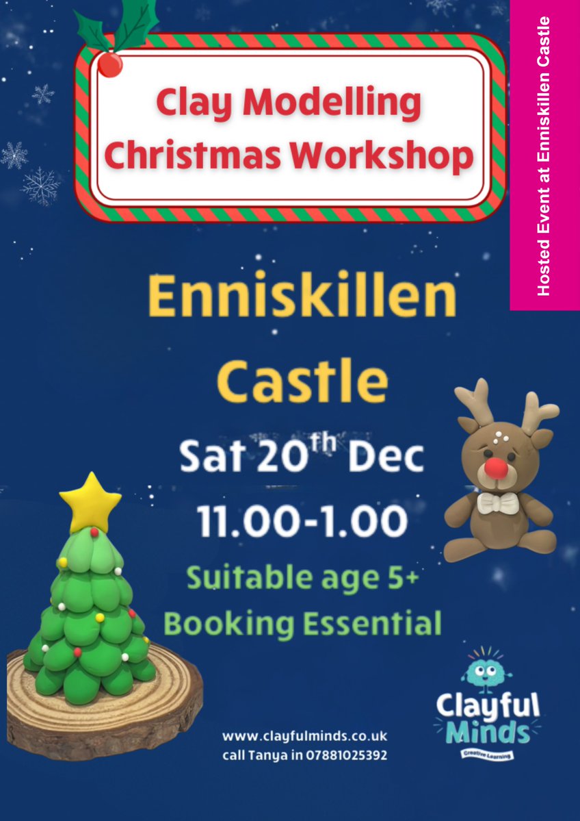 ECMFCM's tweet image. Join Clayful Minds for a wonderful 2 hours of Christmas modelling on Sat 20 Dec at Enniskillen Castle.

Drop off the kids while you do some last minute Christmas shopping – booking essential and suitable for all school aged children aged 5 years +.

enniskillencastle.co.uk/event/christma…