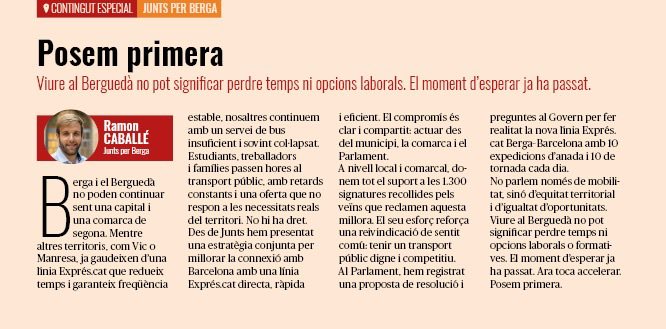 juntsperberga's tweet image. 📝 &quot;Posem primera&quot; l&apos;artícle del nostre portaveu @CaballePlanas sobre com situem la nostra comarca. 

Ja no volem esperar més. No volem ser una comarca de segona. 

Passem a l&apos;acció. Ens hi acompanyes?