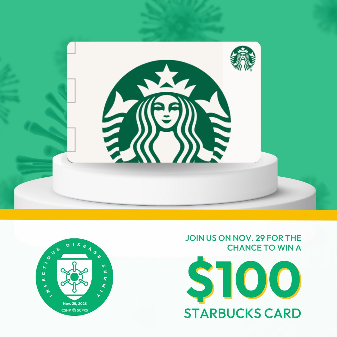 CSHP_SCPH's tweet image. 🦠 Don&apos;t miss your chance! Attend the Infectious Disease Summit and be entered to win one of three $50 Starbucks Gift Cards or the grand prize $100 gift card!
 
To be eligible for all draws, register for the Summit today, then collect and redeem game codes.

🎟️:…