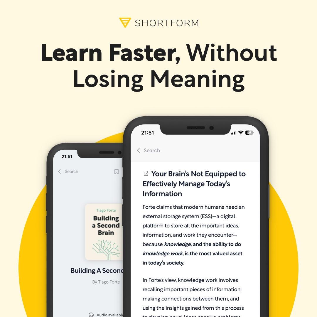 JeffreyFeldberg's tweet image. Fast track your learning with Shortform 🚀! Discover book insights in minutes, perfect for your busy life. 5 days free + 20% off! ➡️ iapdw.com/sf #Efficiency #KnowledgePower