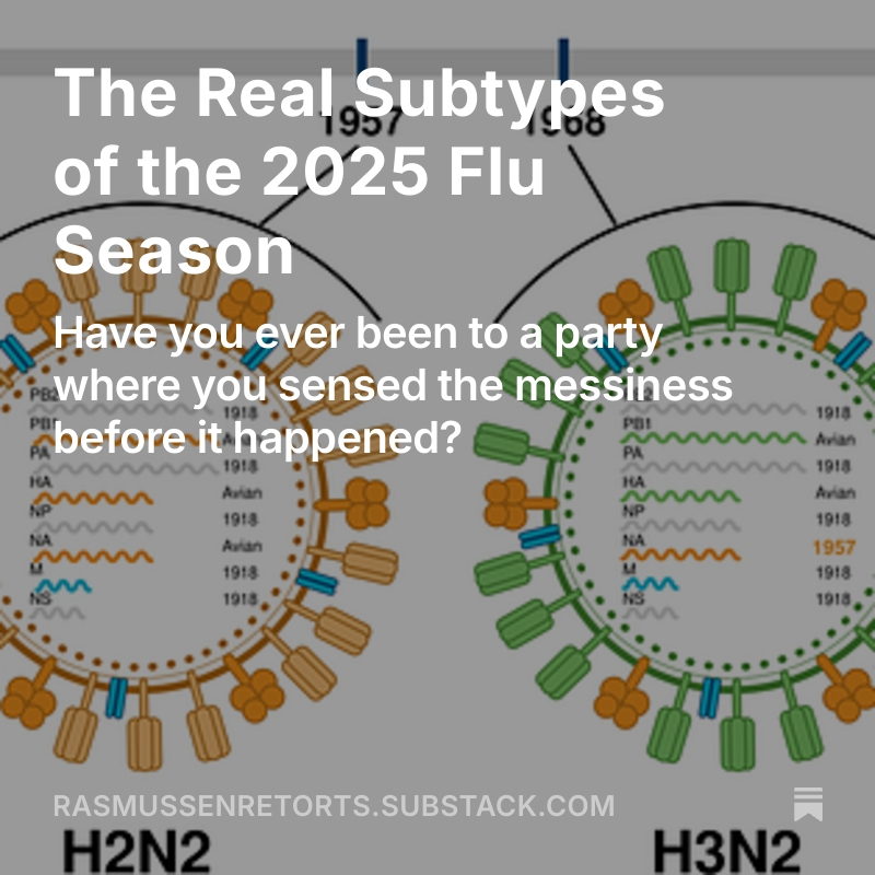 I've got a bad feeling about the upcoming flu season, given the fact that there are a bunch of subtypes at this party with the potential to wreak varying amounts of havoc. So I broke it all down here.
open.substack.com/pub/rasmussenr…