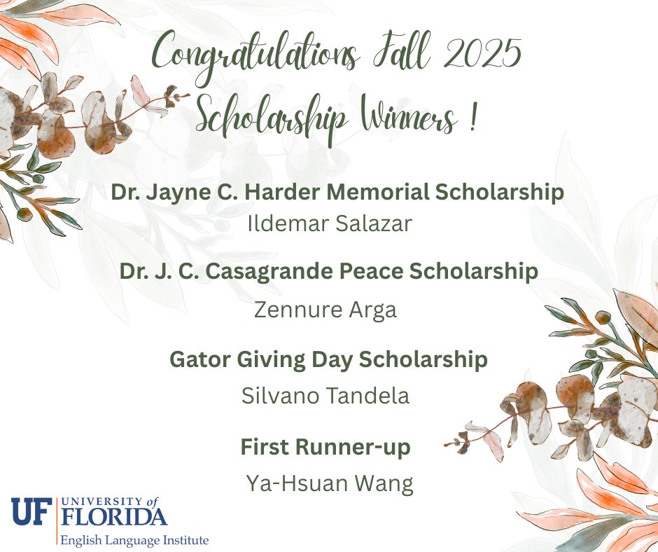 Congratulations to our scholarship winners! We are so proud of your accomplishments. #ELIweekly #StudyEnglishFirst #UFLELI 
eli.ufl.edu/.../volume-158…