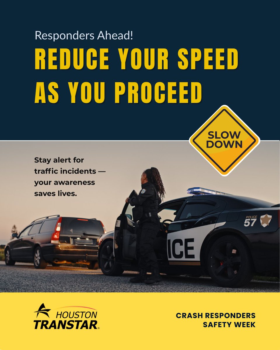 houstontranstar's tweet image. Houston TranStar is bringing attention to Crash Responder Safety Week. When you see incident responders ahead, slow down, move over as you proceed. Always stay alert for traffic incidents. #CRSW