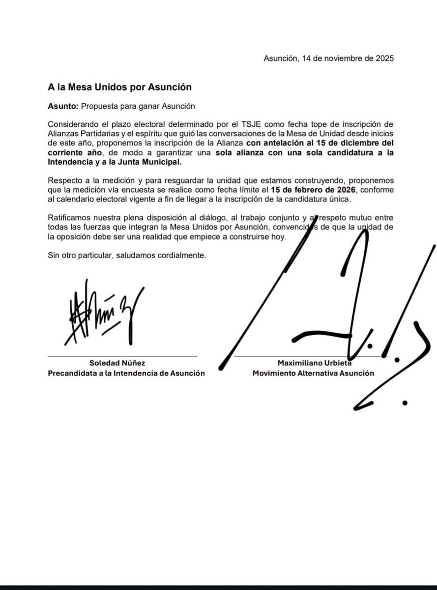 Propuesta de <a href="/solenu/">Sole Núñez</a> a la Mesa Unidos por Asunción de realizar una medición para definir la candidatura única a más tardar el 15 de febrero, para asegurar un proceso ordenado, con reglas claras y tiempos que permitan trabajar una propuesta ciudadana sólida para la capital.