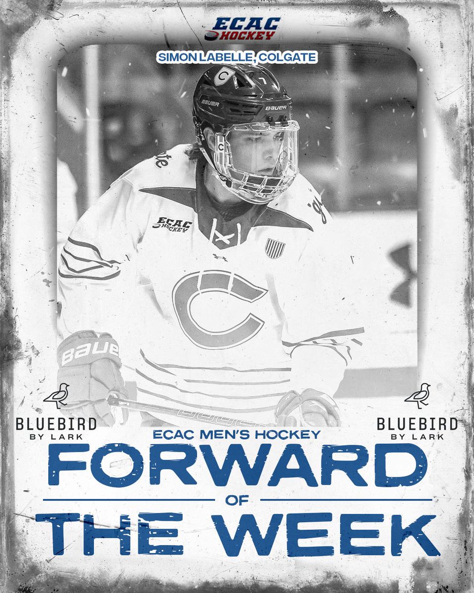 Forward of the Week, presented by <a href="/BlueBirdHotels/">Bluebird Hotels</a>: 
Simon Labelle delivered an incredible five-goal, one-assist weekend, including two game-winners and a hat trick, to help <a href="/ColgateMIH/">Colgate Men's Hockey</a> secure two big conference wins!🚨⚔️

<a href="/SpruceKings/">Prince George Spruce Kings</a> 

#ECACHockey