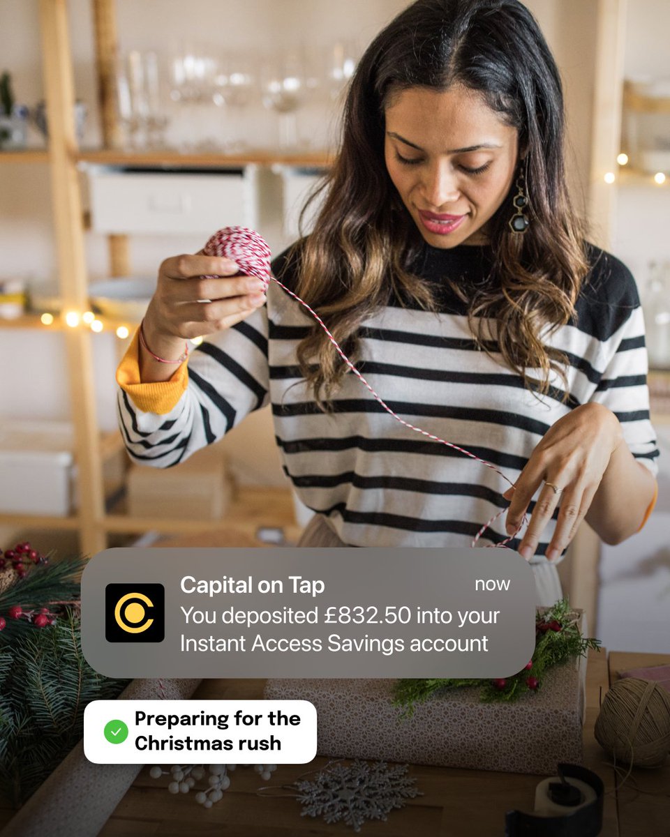 Use the Capital on Tap Instant Savings account, powered by <a href="/clear_bank/">ClearBank</a>, to set aside funds for your biggest goal —like stocking up for the Christmas rush🎄—with instant access to your funds and up to 4.07% AER* (variable).
👉ow.ly/7KFS50Xmo5b 
(Capital on Tap UK)