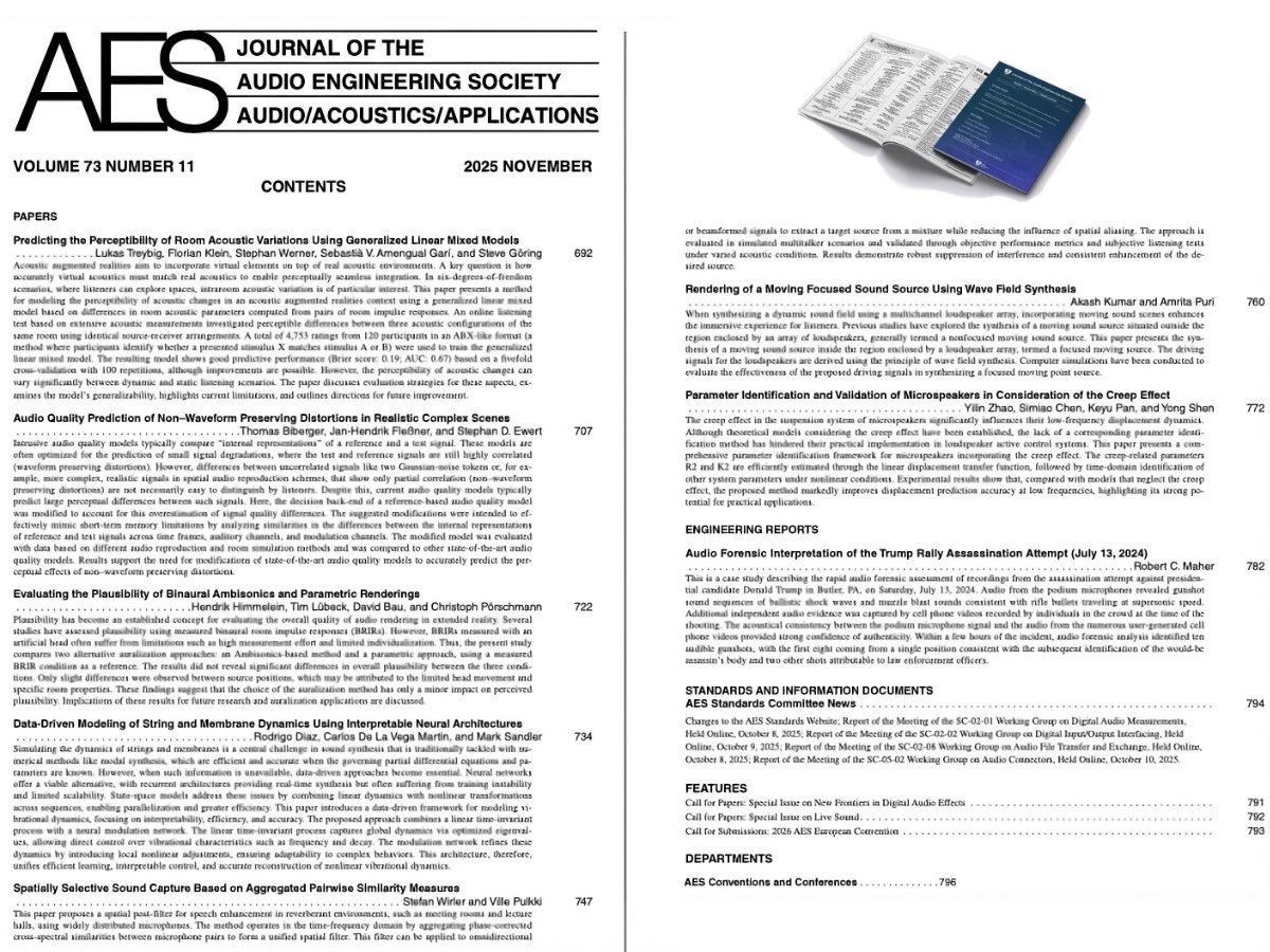 AESorg's tweet image. Check out the latest issue of the Journal of the #AudioEngineering Society (JAES) — featuring new peer-reviewed Papers, Engineering Reports, Calls for Participation, and more:
aes2.org/publications/j…

#AESorg #AESJournal #AudioScience #AudioResearch #AudioStandards #JAES