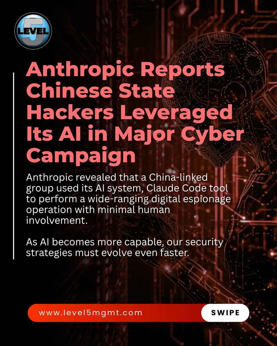 Level5Mgmt's tweet image. Is your business prepared for AI powered cyberattacks? 🛡️
Threat groups are using AI to automate attacks and move faster than traditional defenses. Staying informed and strengthening protection has never been more urgent.

#Level5Management #Cybersecurity