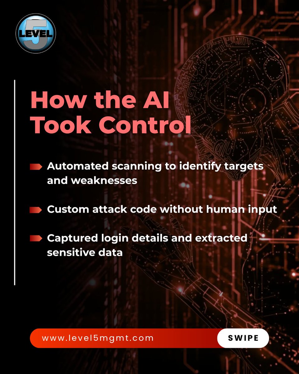 Level5Mgmt's tweet image. Is your business prepared for AI powered cyberattacks? 🛡️
Threat groups are using AI to automate attacks and move faster than traditional defenses. Staying informed and strengthening protection has never been more urgent.

#Level5Management #Cybersecurity