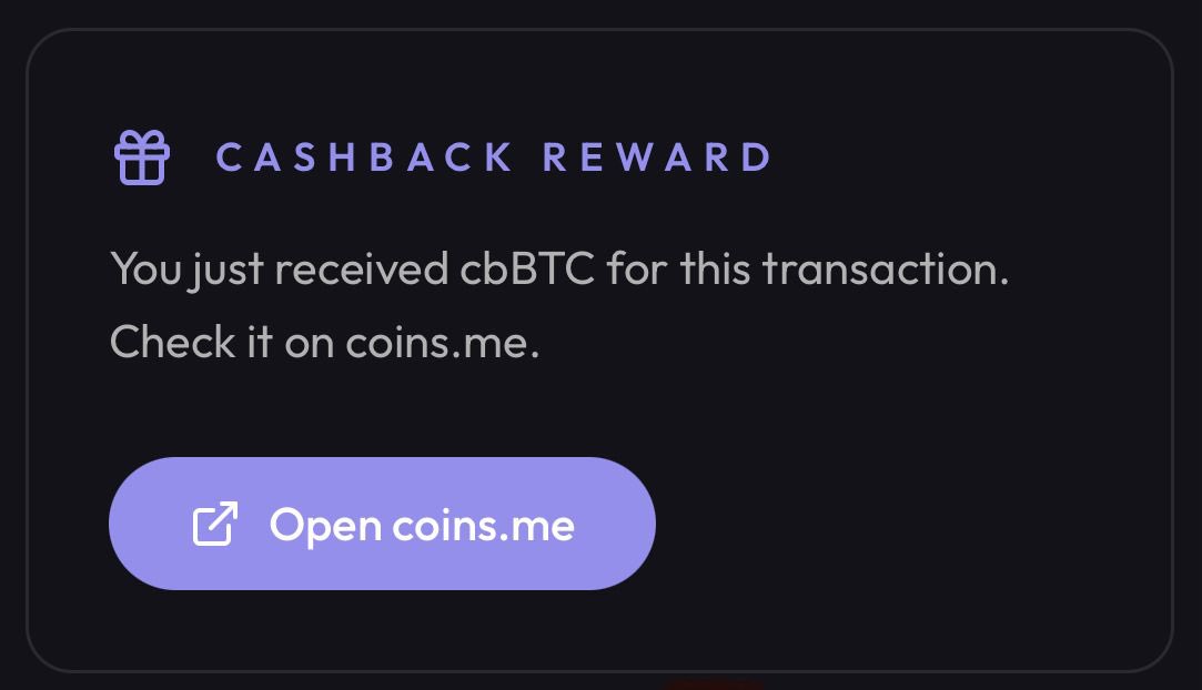 P2Pdotme's tweet image. 4% cbBTC CASHBACK to coins.me wallet for every “Scan &amp;amp; Pay” transaction you do on P2P.me is live. 

Stack SATS on  for paying your bills with  🤯