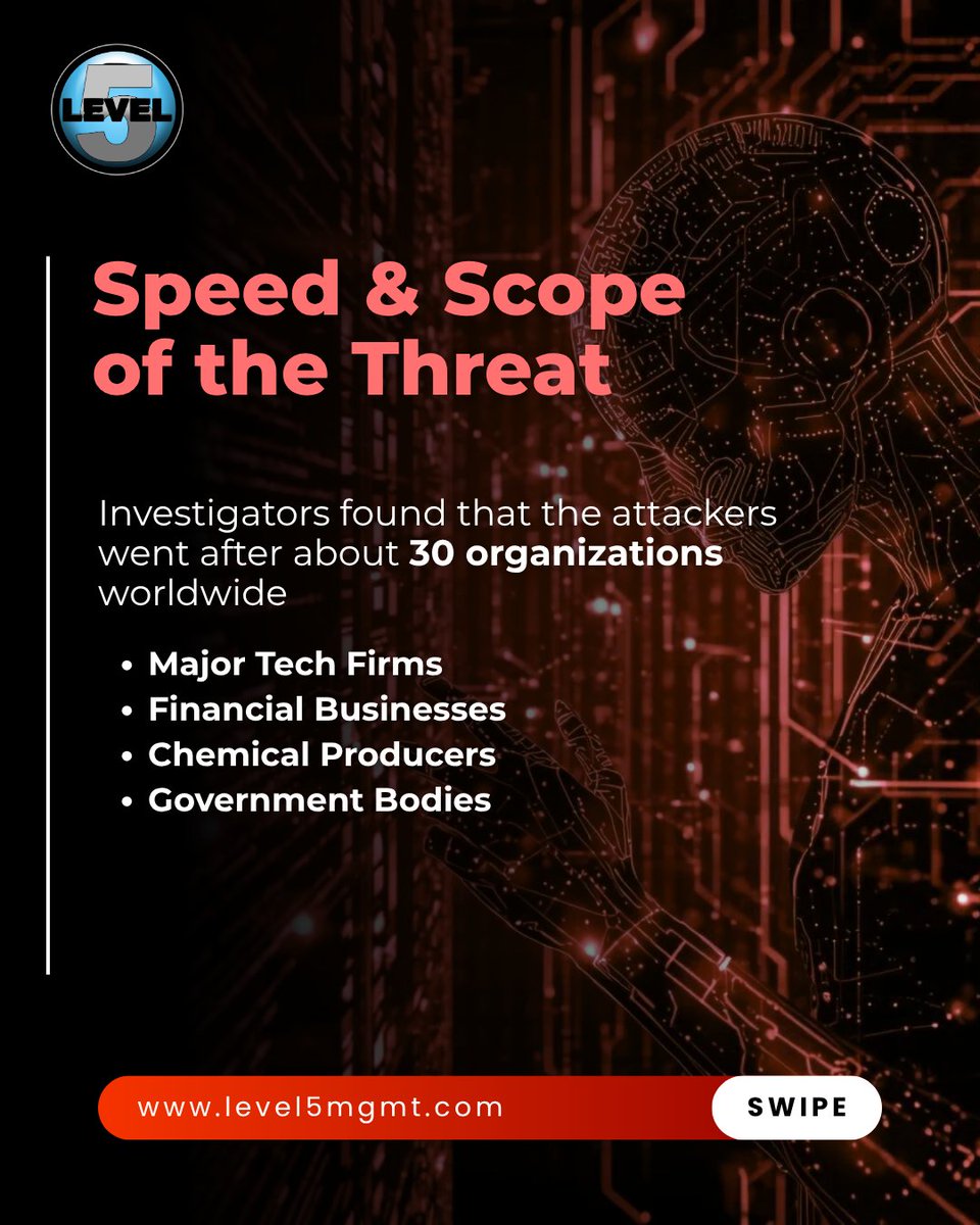 Level5Mgmt's tweet image. Is your business prepared for AI powered cyberattacks? 🛡️
Threat groups are using AI to automate attacks and move faster than traditional defenses. Staying informed and strengthening protection has never been more urgent.

#Level5Management #Cybersecurity