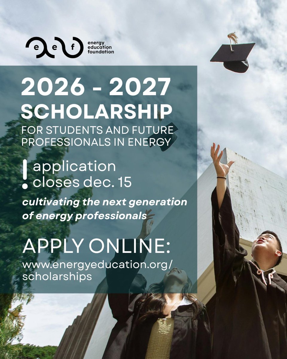 Just one more month until the 2026-2027 EEF Scholarship application closes! 👀

Announcing the winner Spring 2026! Learn more from testimonies and application requirements on our website: energyeducation.org/scholarships/