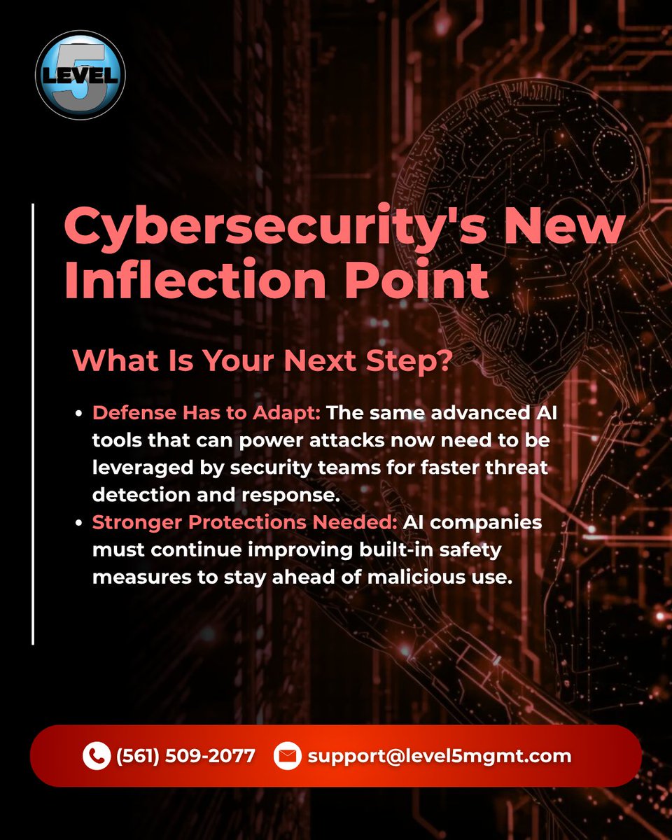 Level5Mgmt's tweet image. Is your business prepared for AI powered cyberattacks? 🛡️
Threat groups are using AI to automate attacks and move faster than traditional defenses. Staying informed and strengthening protection has never been more urgent.

#Level5Management #Cybersecurity