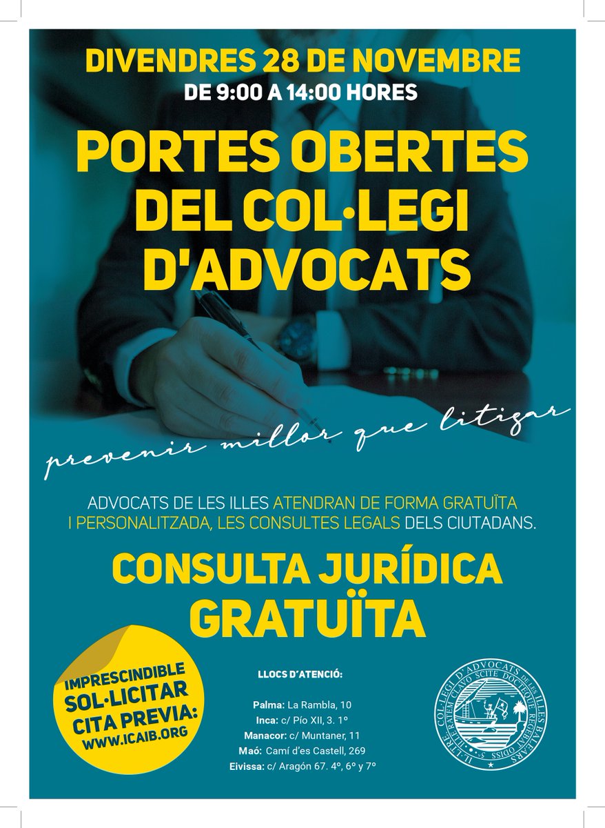 📢 El VIERNES 28/11 de 9 a 14h, el Colegio de Abogados celebra su Jornada de Puertas Abiertas en Ibiza, Inca, Mahón, Manacor y Palma.
👉 Cita previa obligatoria hasta el 24/11: icaib.org/cita-previa-jo…

#Abogados #AsesoramientoLegal #PuertasAbiertas
