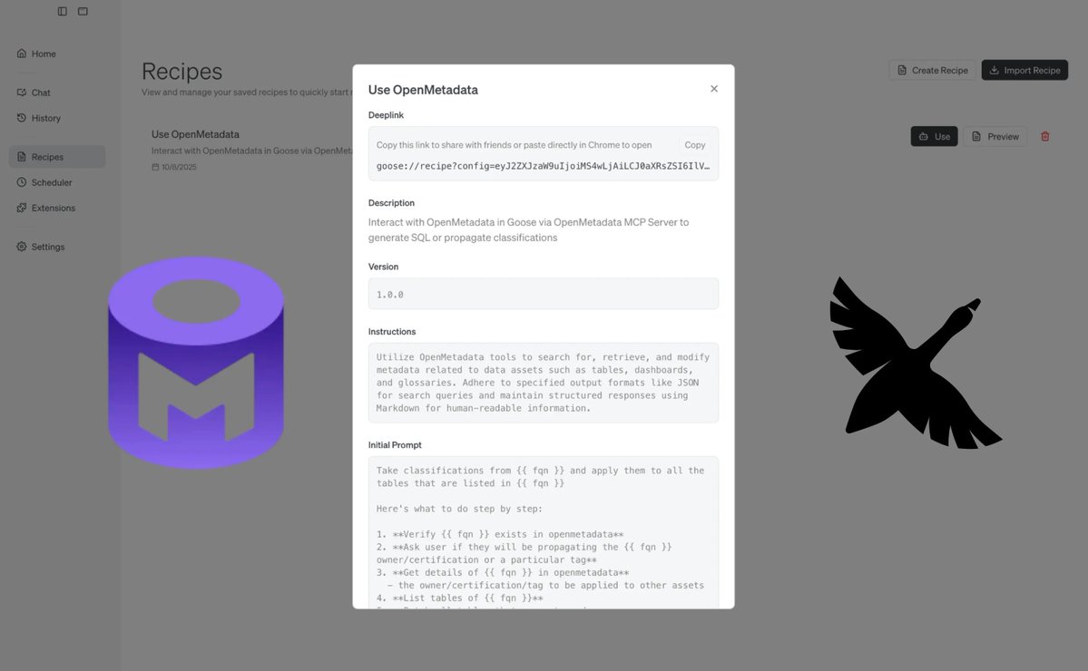 open_metadata's tweet image. 🚀 Our first goose Recipe is out! 🚀

It&apos;s never been easier to build AI agents with OpenMetadata!
Thank you to Rizel Scarlett and the block DevRel team for all your support:

Read: buff.ly/LNA3W6g 

#OpenMetadata #DataEngineering #MCP
