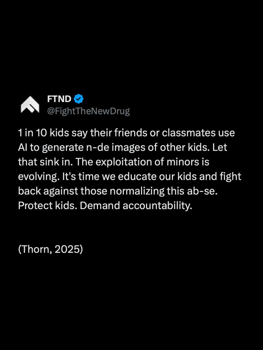 FightTheNewDrug's tweet image. 1 in 10 kids report that their peers are using AI to create nude images of other children. 1 in 10! This alarming trend shows how exploitation is evolving, and it’s up to us to take action. 

Tap here to learn more about how AI deepfakes prey on children: buff.ly/Xeninxo