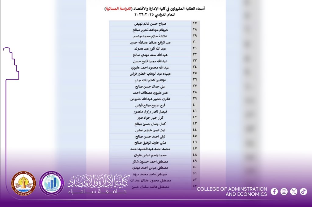mediacoadm's tweet image. #إعلان_هام

تعلن كلية الإدارة والاقتصاد – جامعة سامراء عن قبول الطلبة الجدد في المرحلة الأولى / الدراسة المسائية، للعام الدراسي 2025–2026 وحسب القوائم المرفقة، حيث تود الكلية إعلام الطلبة بأن الدوام الرسمي سيبدأ يوم الثلاثاء الموافق 18/11/2025، وعلى جميع الطلبة الالتزام بالحضور.