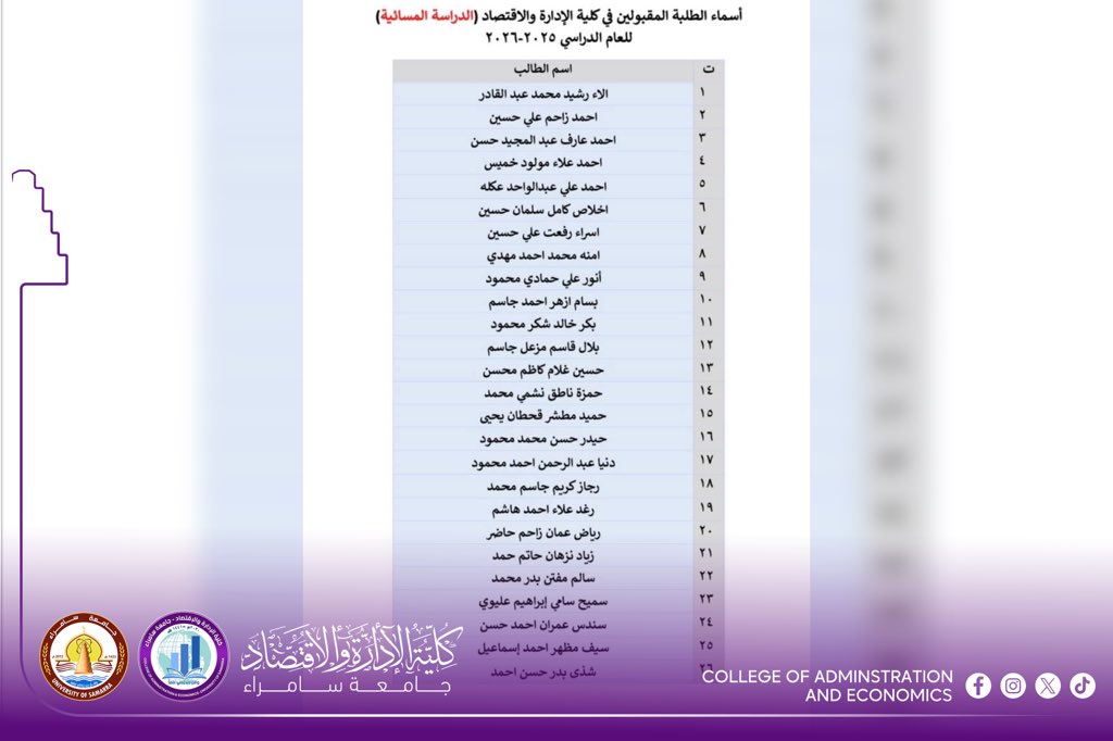mediacoadm's tweet image. #إعلان_هام

تعلن كلية الإدارة والاقتصاد – جامعة سامراء عن قبول الطلبة الجدد في المرحلة الأولى / الدراسة المسائية، للعام الدراسي 2025–2026 وحسب القوائم المرفقة، حيث تود الكلية إعلام الطلبة بأن الدوام الرسمي سيبدأ يوم الثلاثاء الموافق 18/11/2025، وعلى جميع الطلبة الالتزام بالحضور.
