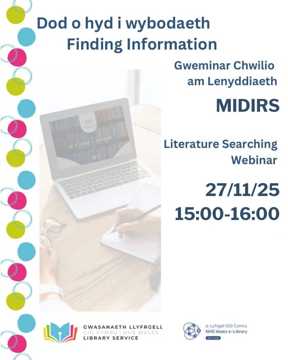 WelshHealthLib's tweet image. Join the NHS Wales Library Service and the NHS Wales E-Library for our literature searching webinar on Finding Information using MIDIRS. Aimed at those unconfident with literature searches or looking to refresh their skills.

Thursday November 27th
3-4pm
events.teams.microsoft.com/event/53d084e5…