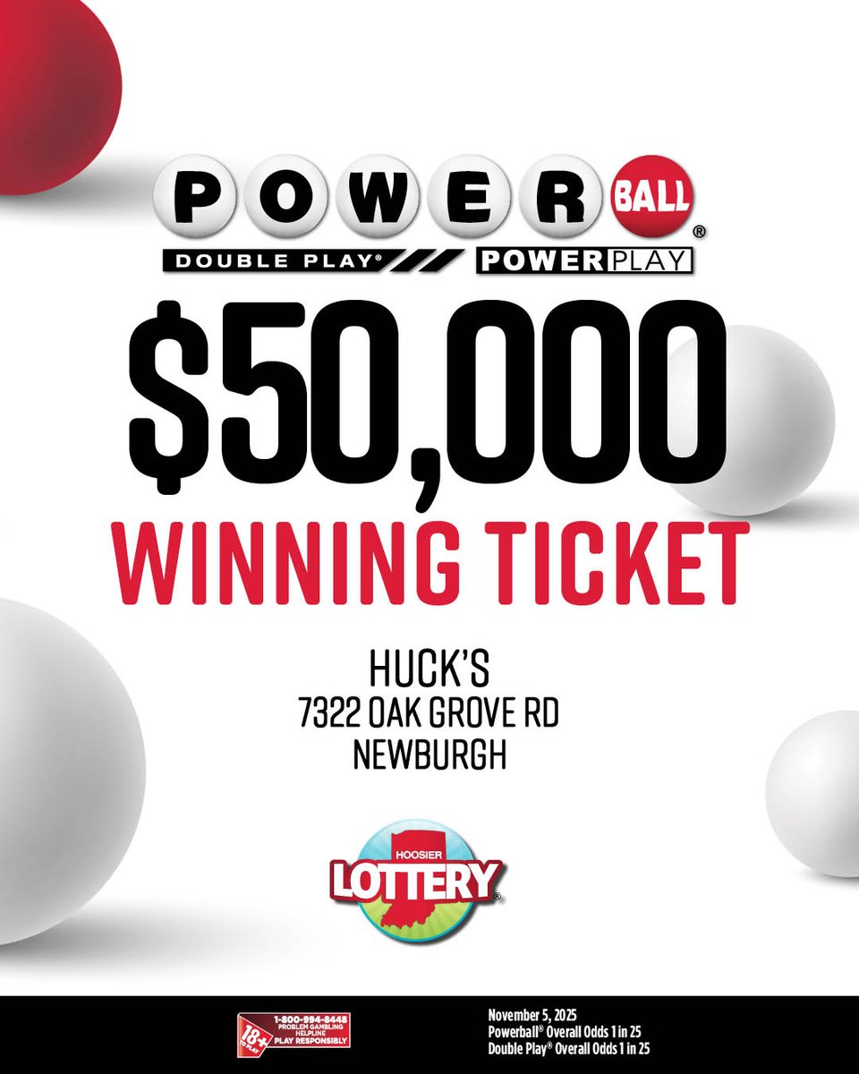 Big news, Newburgh! 🎉 A Hoosier just scored $50,000 on Powerball® Double Play®!  The jackpot is at an estimated $570,000,000. Don't miss the chance to buy tickets for tonight's drawing!