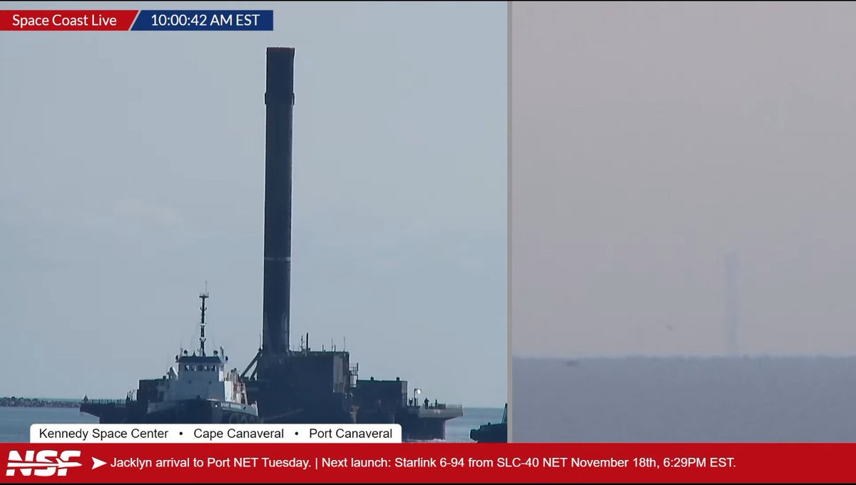 I spy New Glenn just off shore! It is still quite a ways out but getting our first look now on <a href="/NASASpaceflight/">NSF - NASASpaceflight.com</a> Space Coast Live, Also B1078 coming in now nsf.live/spacecoast