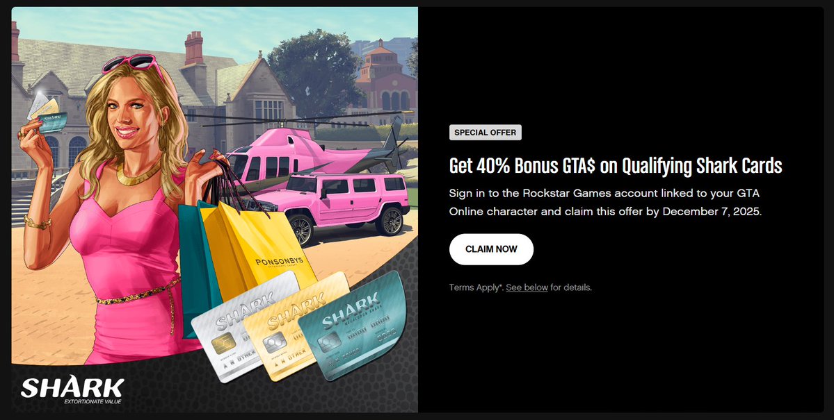 TexFunz2's tweet image. #GTAOnline Special Offer - 40% Bonus GTA$ on Qualifying Shark Cards

rockstargames.com/gta-online