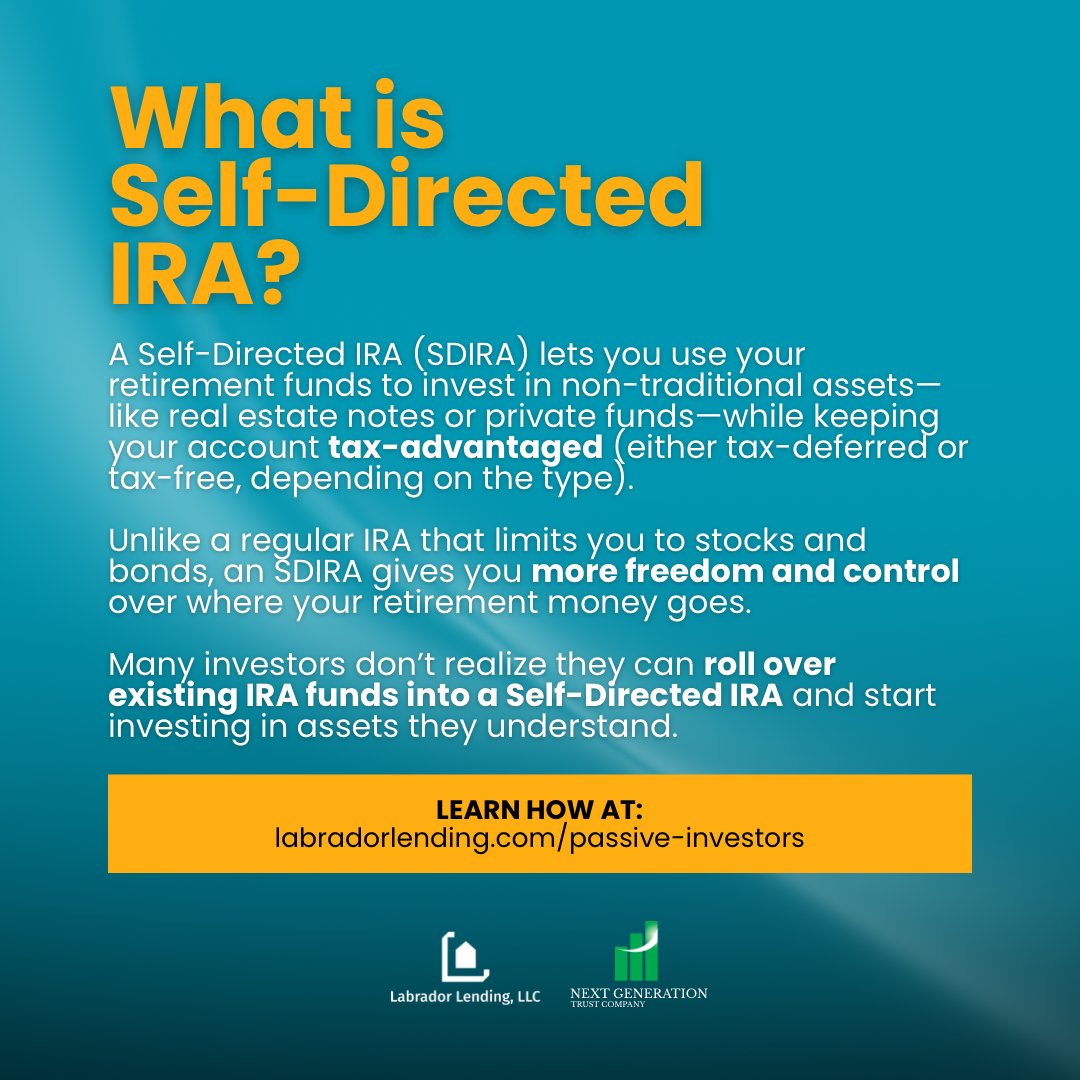 LabradorLending's tweet image. Ever wondered what a Self-Directed IRA (SDIRA) is?

📘 Learn more: youtube.com/watch?v=2nC0H1…
💰If you wish to Invest using your SDIRA, check out our page: labradorlending.com/passive-invest…

#SelfDirectedIRA #SDIRA #RetirementInvesting #PassiveIncome #TaxFreeGrowth #WealthBuilding