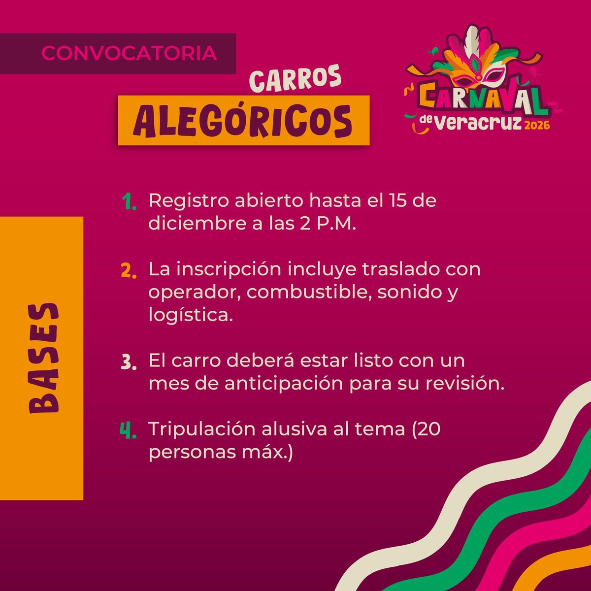 carnaval_ver's tweet photo. 🎭 ¡Participa en el Carnaval de Veracruz 2026! 🎉

El Comité de Carnaval te invita a formar parte de la magia de los carros alegóricos.

📅 Inscripciones abiertas hasta el 15 de diciembre
📍 Consulta requisitos y formato de registro en las oficinas del Comité de Carnaval. https://t.co/qWSjbnRQst