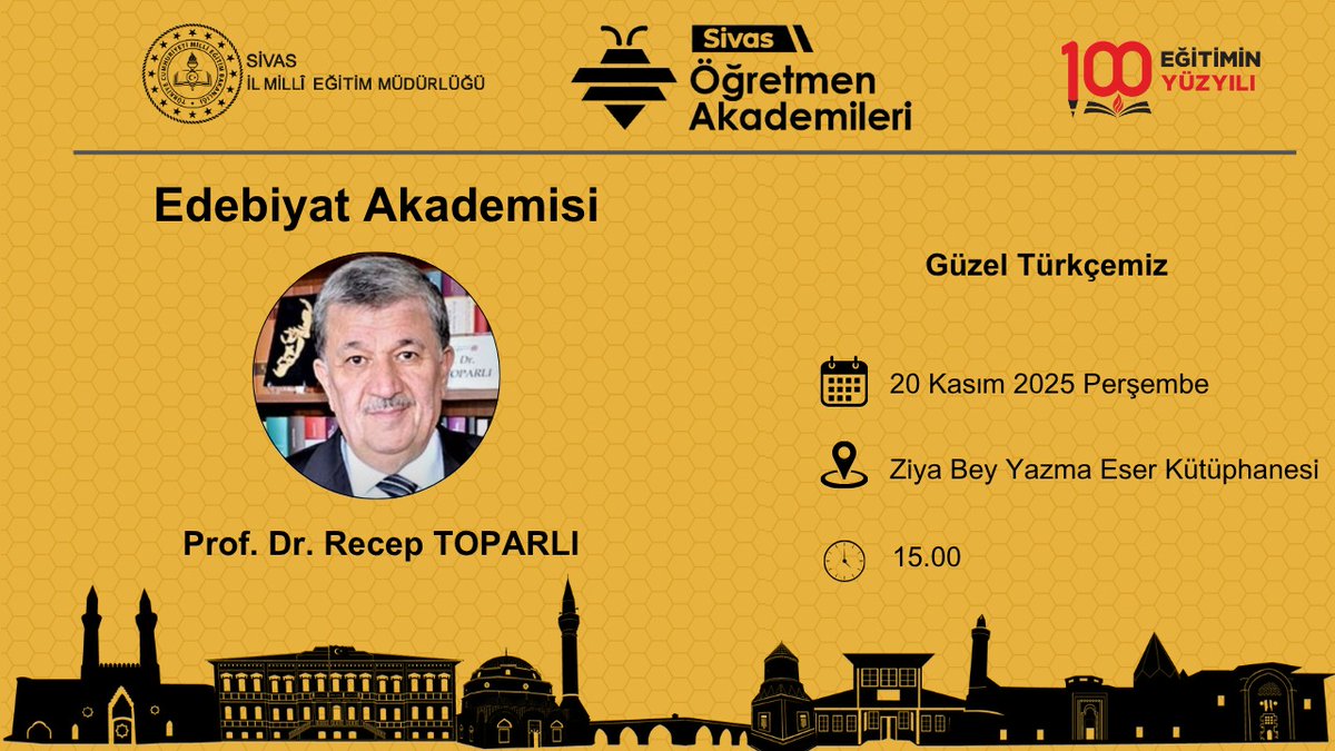 Millî Eğitim Bakanlığı tarafından başlatılan, “Öğretmen Akademileri Projesi” “Edebiyat Akademisi” programı kapsamında TDK Bilim Kurulu Üyesi Prof. Dr. Recep Toparlı, “Güzel Türkçemiz” konulu söyleşi gerçekleştirecek.

<a href="/tcmeb/">Millî Eğitim Bakanlığı</a> 
<a href="/Yusuf__Tekin/">Yusuf Tekin</a> 
<a href="/valisimsek/">Yılmaz Şimşek</a> 
<a href="/erdogan_fatih66/">Fatih Erdoğan🇹🇷</a>