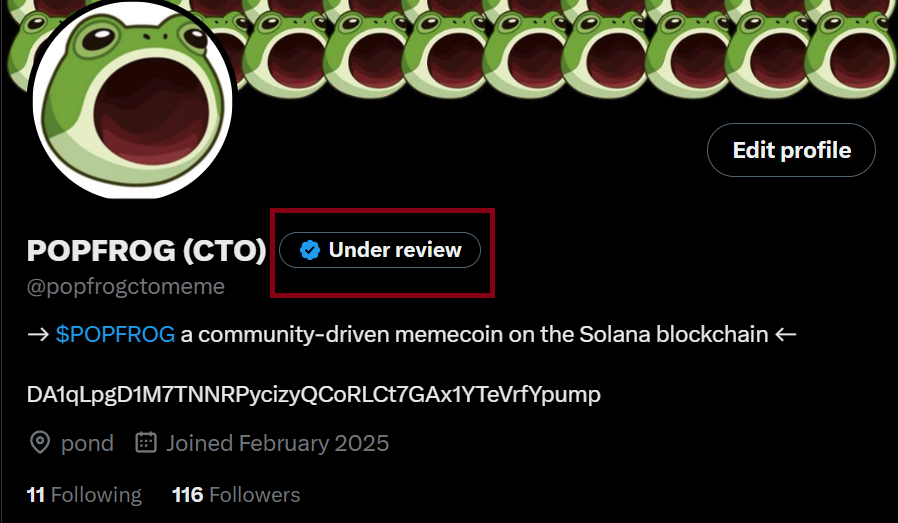 popfrogctomeme's tweet photo. We have just submitted the X verification ☑️

$POPFROG #CTO #POPFROG #X https://t.co/xNVmhUJ5tV