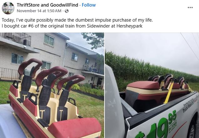 FUNFoodBlog's tweet image. Someone had a good Marketplace weekend, finding a Hershey Park Sidewinder roller coaster vehicle.