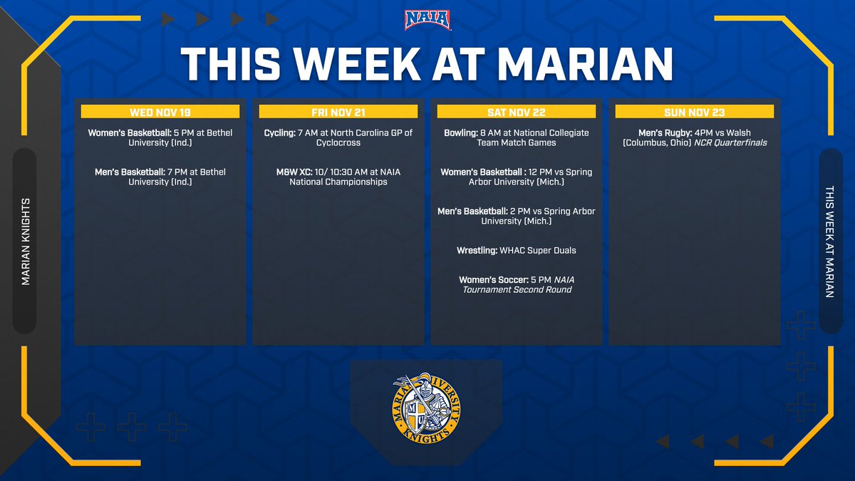 Here is the week ahead for Marian Athletics with post-season action kicking off for Women's Soccer, Rugby, and Men's &amp; Women's XC!! Volleyball will learn their post season fate tonight at 5 PM when the selection show premiers.