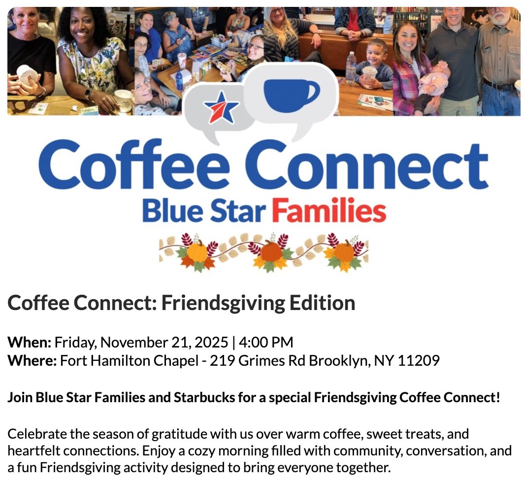 PathfinderLabs's tweet image. On 11/21 @BlueStarFamilies (BSF) will host #CoffeeConnect: Brooklyn #Friendsgiving Edition at 4pm--Celebrate the season of gratitude with us over warm coffee, sweet treats, and heartfelt connections—a cozy morning filled with community and conversation.

bobwoodrufffoundation.org/nyc-event/star…