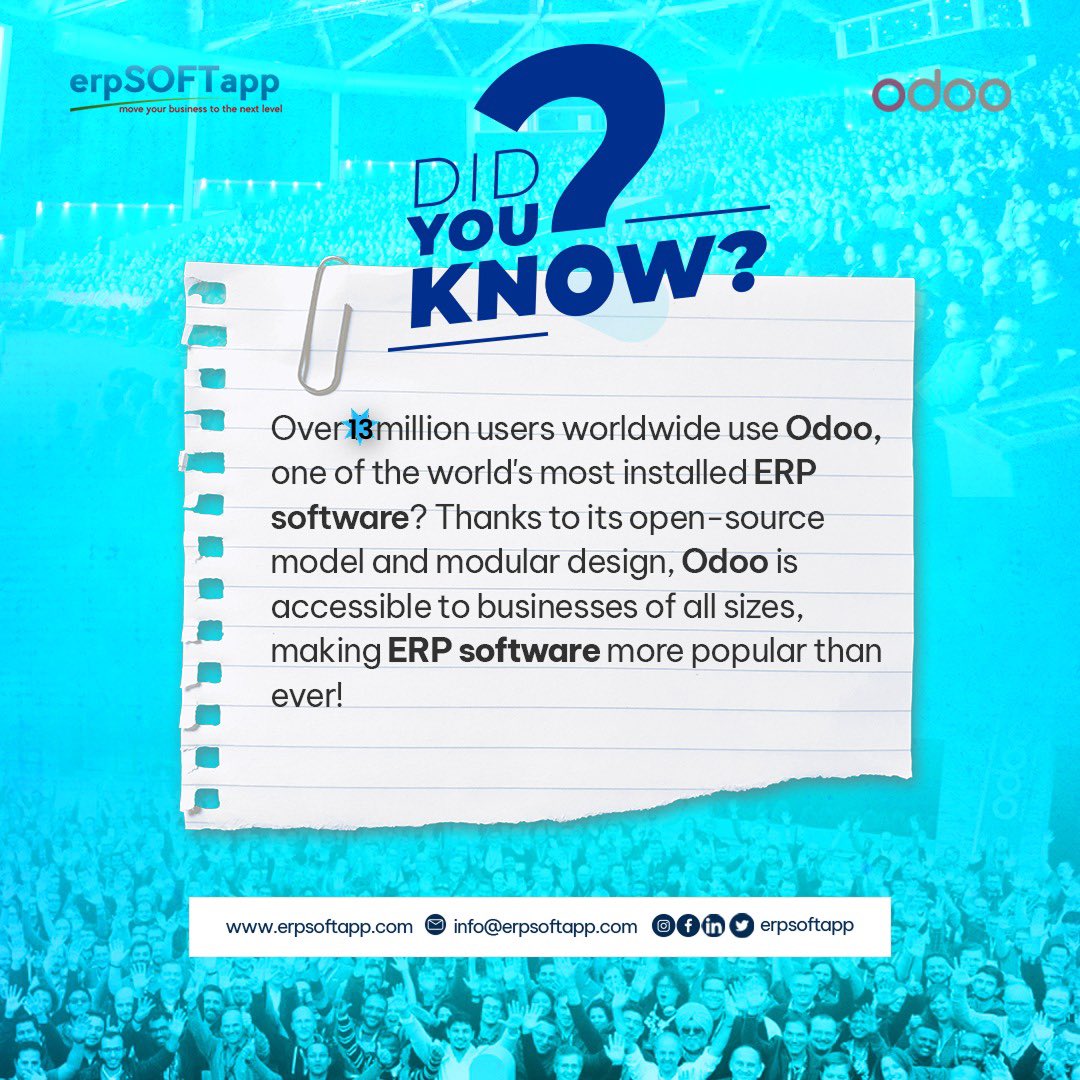 erpSOFTapp's tweet image. Over 13 million users around the globe trust Odoo as their preferred ERP solution! Odoo is revolutionizing how businesses manage their operations, and your company can be part of this innovative journey.

#erpsoftware #odooerp