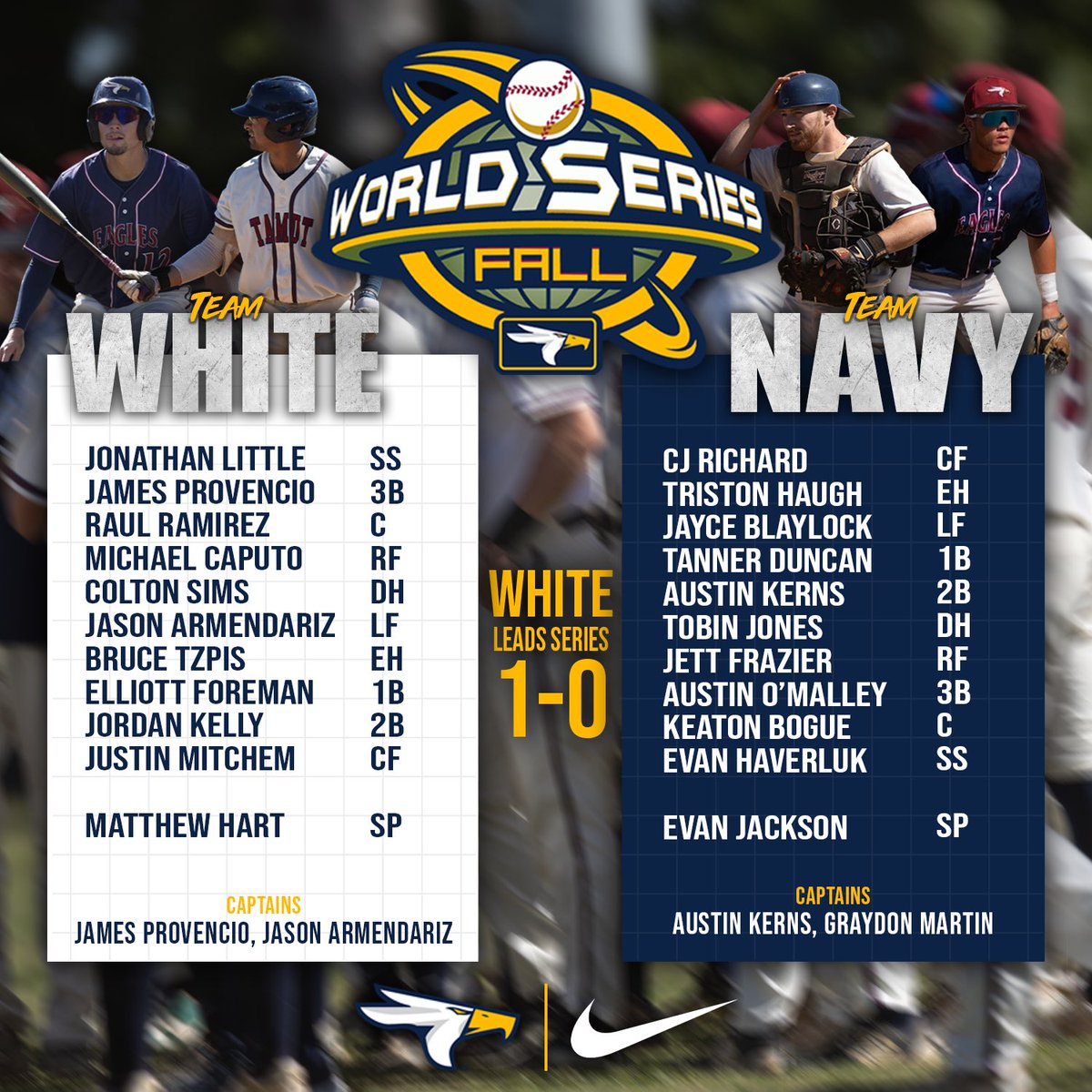 Lineups for Game Two of the Fall World Series are in! 

First pitch is scheduled for 3:20 pm!

🆚: Team Navy vs Team White 
🍁: Game 2 of the Fall World Series  
📅: TODAY - Wednesday, November 5th
⏰: 3:20 pm
📍: Texarkana, TX
🏟️: George Dobson Field
🎟️: Free

🦅🦅🦅