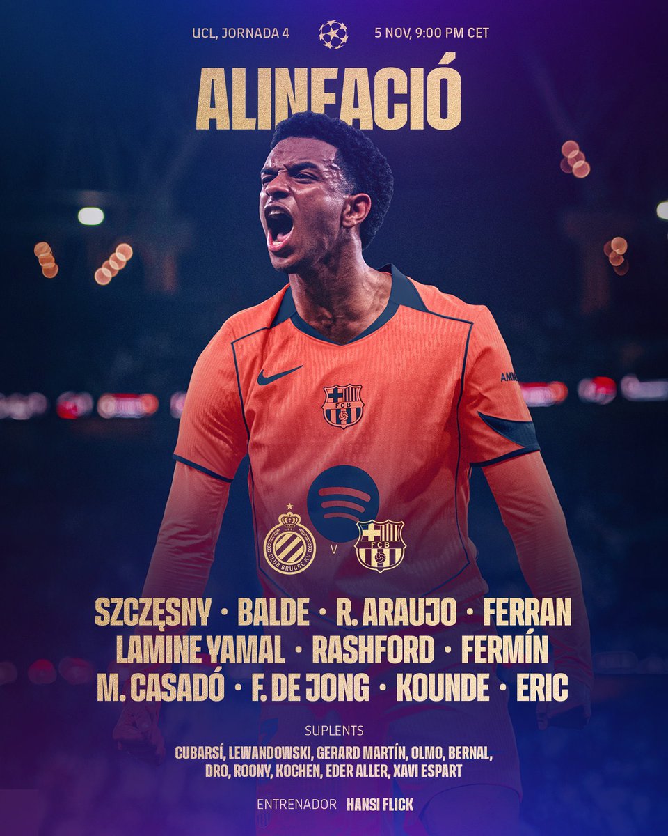 🔁 Flick repetix XI inicial pel #ClubBruggeBarça: Cubarsí a la banqueta. 

🧤 Szczesny
⚔️ Koundé, Araujo, Eric, Balde
🧠 Casadó, De Jong, Fermín
🎯 Lamine Yamal, Ferran, Rashford

<a href="/Laporteriabtv/">La Porteria</a> <a href="/btvesports/">btv esports</a> #FCBLive #UCL